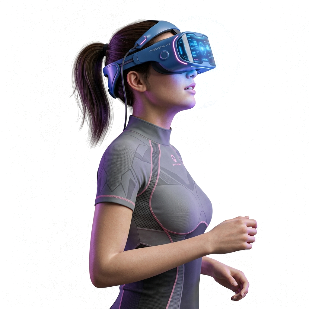 Futuristic VR headset woman illustration in full view